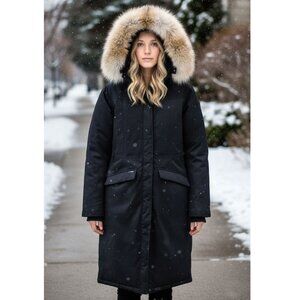 NOBIS 'Morgan' Long Down Black Parka with Coyote Fur Trim, Womens Size XL